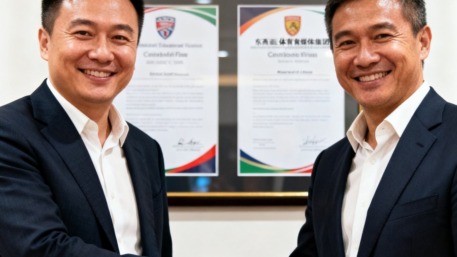 华体会CEO周明远与东南亚体育媒体集团代表在签约仪式上握手合影，背景展示双方合作框架。