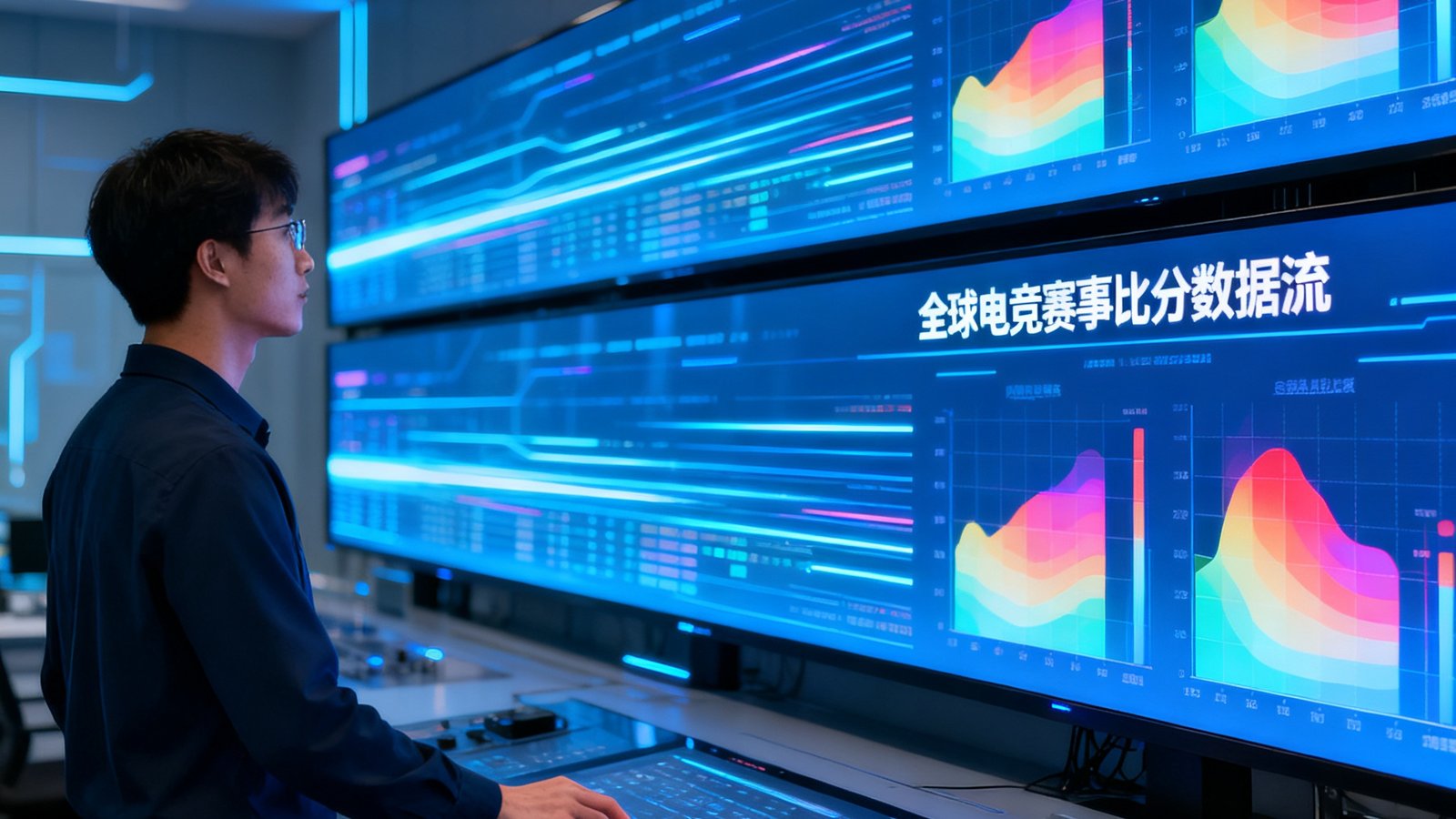 华体会数据监控中心内，三块大型LED屏幕实时滚动展示全球足球、篮球及电竞比赛的比分数据流与热力图，技术人员正在监测数据推送状态。
